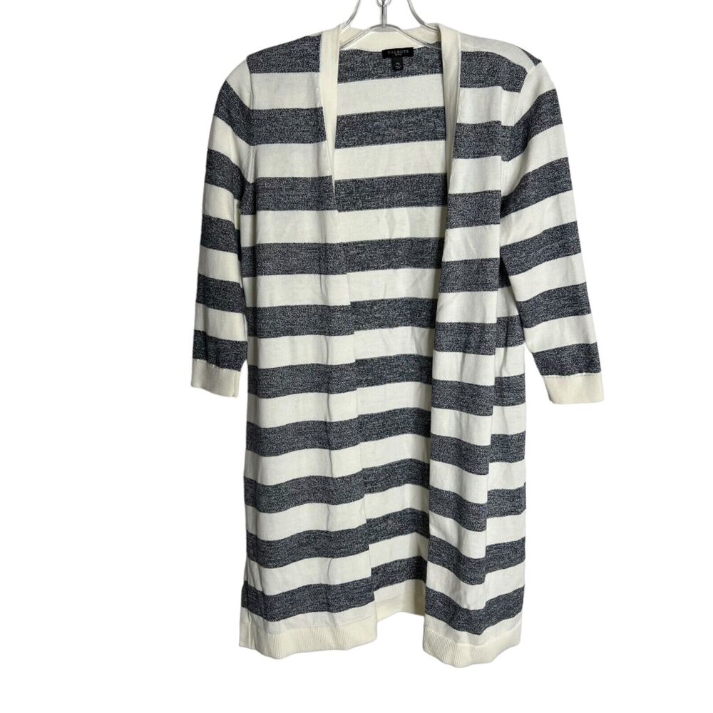 Talbots Womens Long Cardigan Sweater Size Medium Petite Striped Open Front